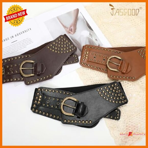 Vintage Wide Elastic Waist Belt with Studded Rivets Metal Buckle main image 5